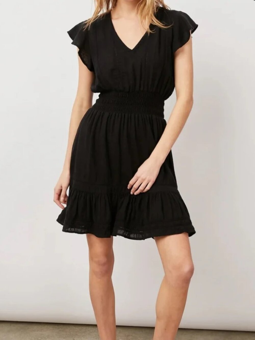 Rails Tara Black Lace Detail Dress Size XL Linen  Smocked Waist Flutter Sleeve